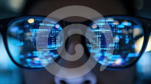 Reflection of computer code in programmer's glasses