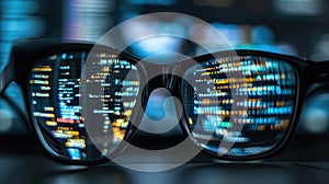 Reflection of computer code in programmer's glasses
