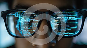 Reflection of computer code in programmer& x27;s glasses
