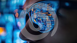 Reflection of computer code in programmer& x27;s glasses