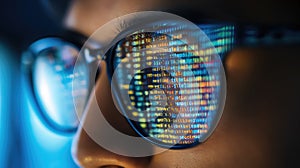 Reflection of computer code in programmer& x27;s glasses