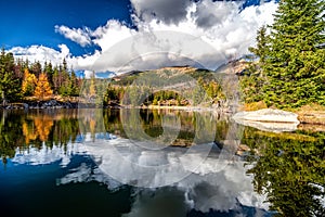 Reflection of coniferous trees on a surface of the water. Tarn Rakytovske pliesko in High Tatras mountains in Slovakia