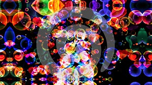 Reflection dark abstract dimension rainbow bubbles with dancing hearts floating