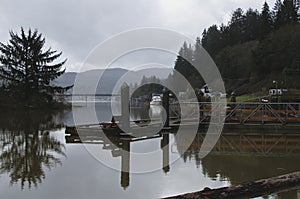 The reflection of the docks on the river
