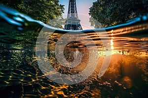 reflection of the Eiffel Tower in the water rainy day at sunset .view from the bottom