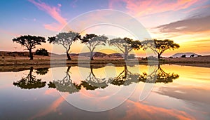 A reflection of elegant Sahelian acacia trees rippling across the surface of Lake Chad