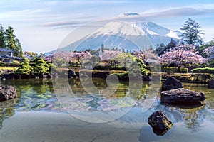 Reflection of Fuji yama volcana mountain in old japanese village