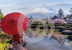 Reflection of Fuji yama volcana mountain in old japanese village