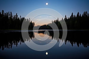 reflection of full moon on placid lake