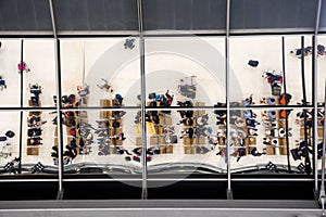 Reflection glass of top view people in line queue with luggage and briefcase to travel at airport