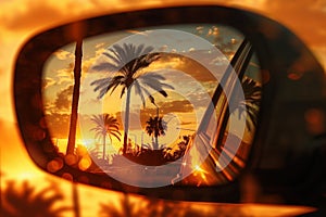 Reflection of golden sunset in wing mirror of a car at the roadside Ai photo