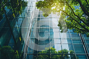 Reflection of Green Tree on Skyscrapers Glass Facade