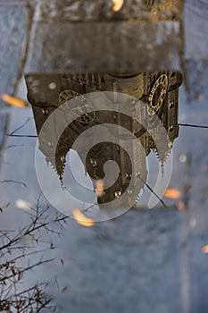 Reflection of the highest part of the clock tower. Ghent, Belgium