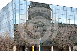 Idaho State Capitol Building north side facade reflection in winter