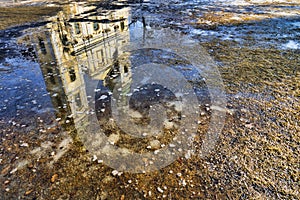 Reflection of the inner-city parish church in Budapest, Hungary