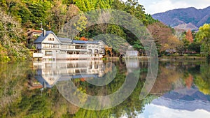 The reflection of Lake Kinrinko in Yufuin Town Oita, Japan