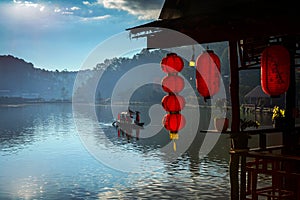 Reflection of lake near mountain in highland village of north Thailand landscape Chinese style