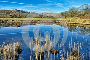 A reflection of The Langdale Pikes in Elterwater.