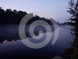 Reflection of leafy trees of a dense forest stretching along a mirror lake in the evening