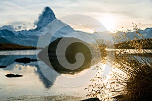 Reflection of matterhorn in mountain lake