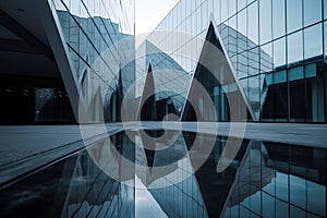 Reflection of a modern office building in a glass mirrored surface.