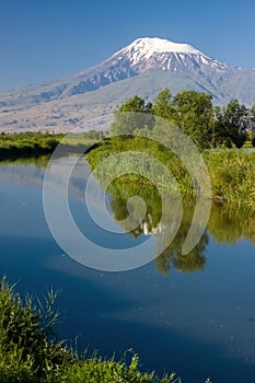 Reflection of the Mount of Ararat and blue sky in the Sev Jur Ri