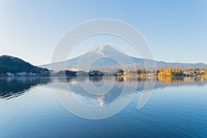 Reflection of Mountain Fuji with blue sky near Fuji Five Lakes, Fujikawaguchiko, Yamanashi, Japan. Nature landscape background