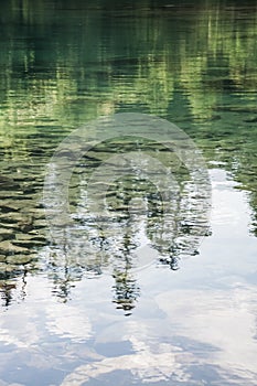 Reflection in the mountain lake of coniferous forest and mountain landscape