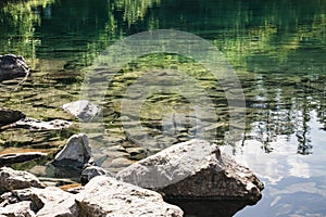 Reflection in the mountain lake of coniferous forest and mountain landscape