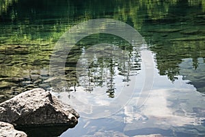 Reflection in the mountain lake of coniferous forest and mountain landscape