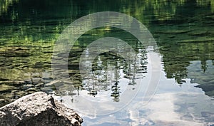 Reflection in the mountain lake of coniferous forest and mountain landscape