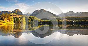 Reflection of mountain lake - Strbske pleso, Slovakia landscape