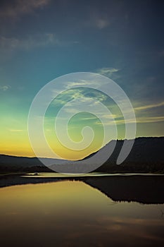 Reflection of a Mountain in Thailand. Mountains reflecting in water. Lake landscape. Huai Lao Yang Reservoir Royal Project at Nong