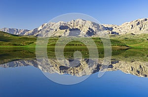 Reflection of the mountains, enjoying the landscape and insatiable