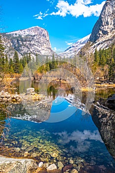 Reflection of mountains in Mirror Lake in Yosemite National Park