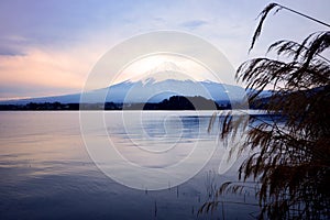 Reflection of Mt Fuji at lake Kawaguchiko with sunset, Japan