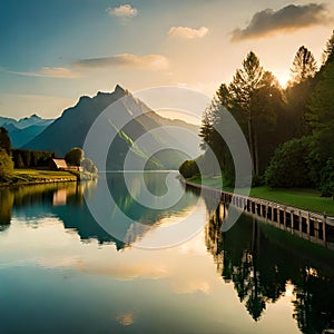 reflection nature morning lake river water reservoir mountain landscape dusk dawn evening cloud sunlight tree sunrise sunset sky