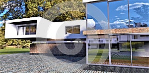 Reflection of neighbours houses advanced house windows. Old masonry decor. 3d render.