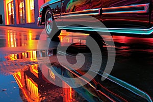 reflection of a neon sign on hot rods polished surface