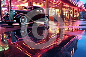 reflection of a neon sign on hot rods polished surface