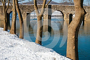 The reflection of Novigrad na Dobri fortress on the Dobra River