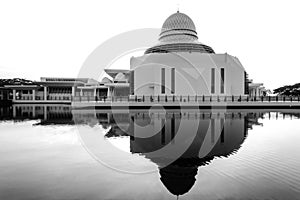 Reflection of An Nur Mosque in Black & White photo