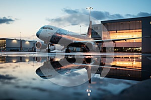 Reflection of a passenger aircraft near the jetway captured in a puddle