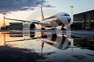 Reflection of a passenger aircraft near the jetway captured in a puddle