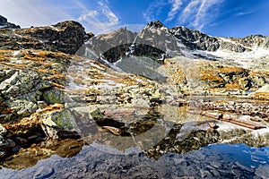 Reflection of peaks on lake in mountain. High Tatras mountains, Slovakia