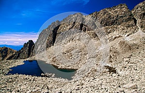 Reflection of peaks in mountains. Tarn - Wahlenbergovo pleso in High Tatras at Slovakia