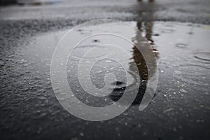 Reflection of person with umbrella in puddle during rain