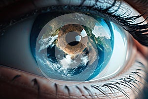 Reflection of the planet earth in the human eye. Represent themes of global consciousness, environmental awareness