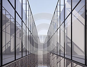 Reflection pond between glass building 3d render