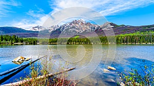 Reflection of Pyramid Mountain, in the Victoria Cross Range, in Pyramid Lake in Jasper National Park